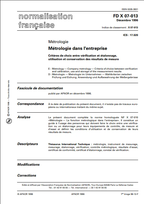 FD X 07-013 Couverture